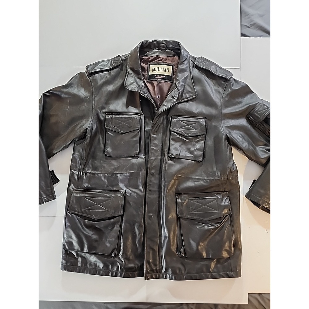Vintage Julian Wilsons Leather Black Utility Jacket Mens XL Field Military Coat
